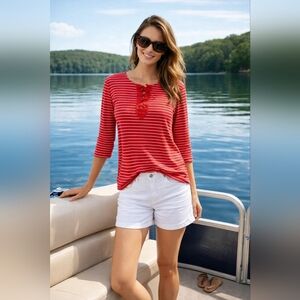 CHAPS Women's Plus 1X Red And White Striped Blouse 3/4 Sleeve Top Nautical